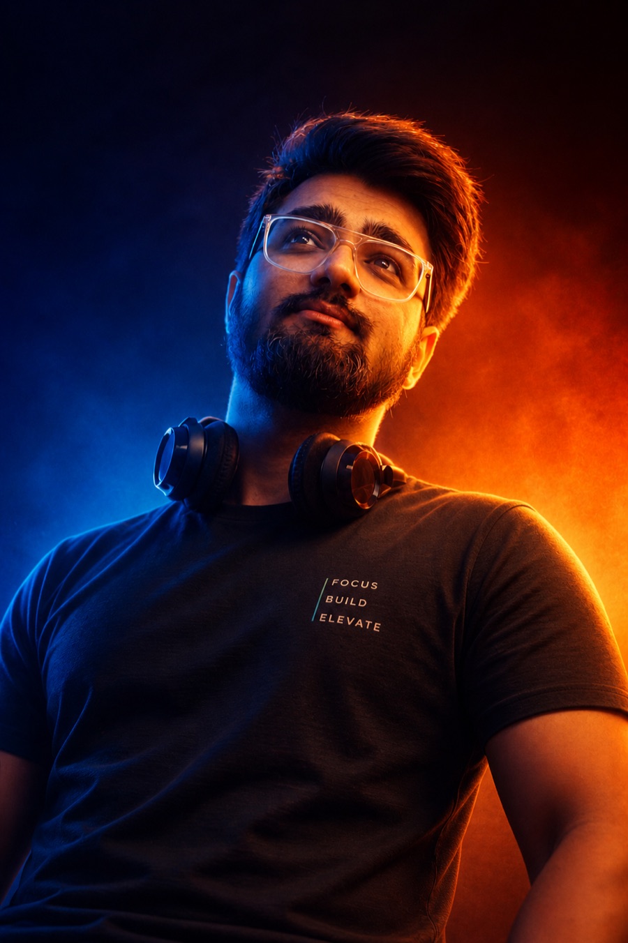 Muhammad Afzal, lit in cobalt and scarlet, looking up and away from the camera.
