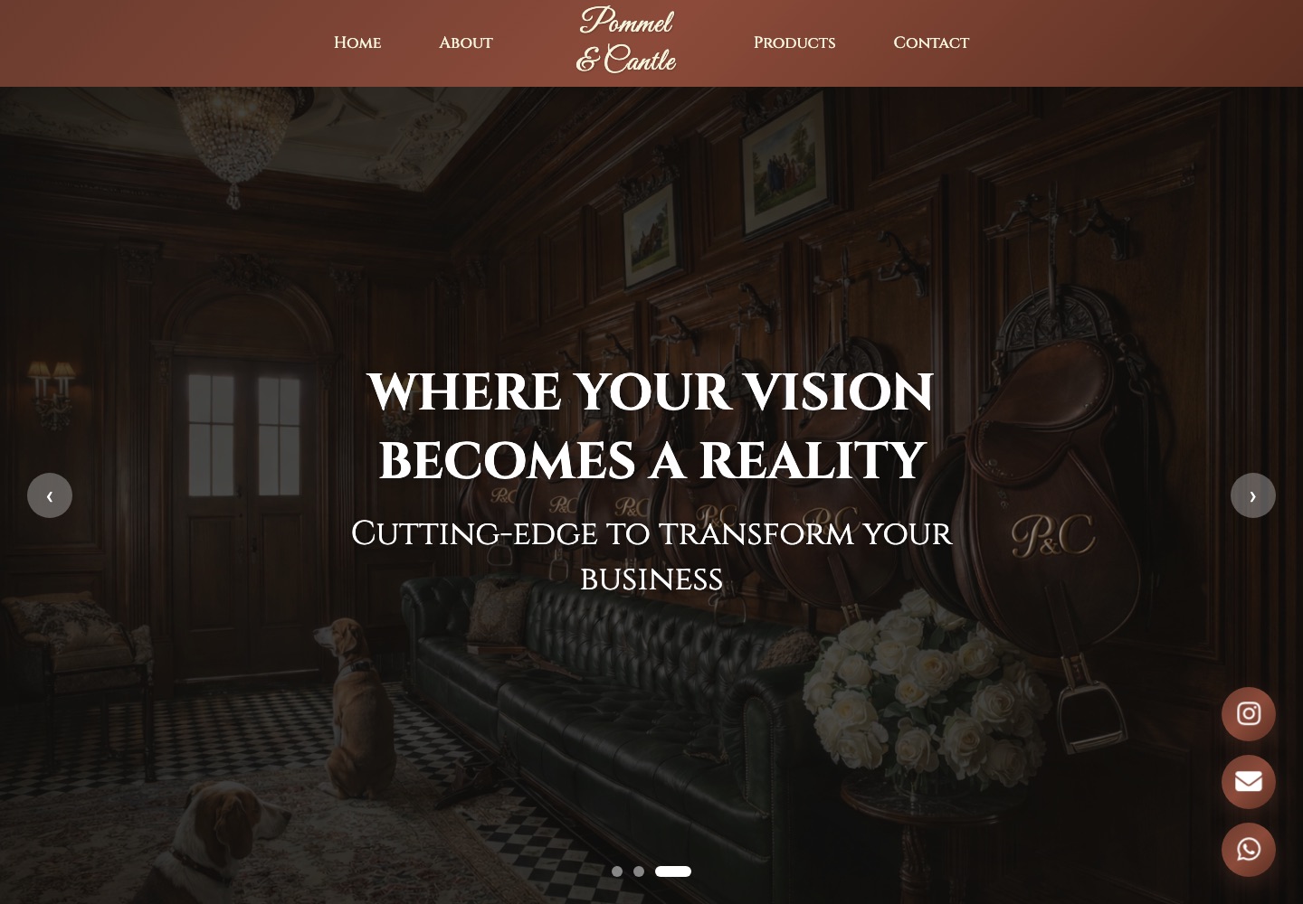 Pommel and Cantle home page: a script wordmark over a dark, wood-panelled tack room hung with monogrammed saddles.